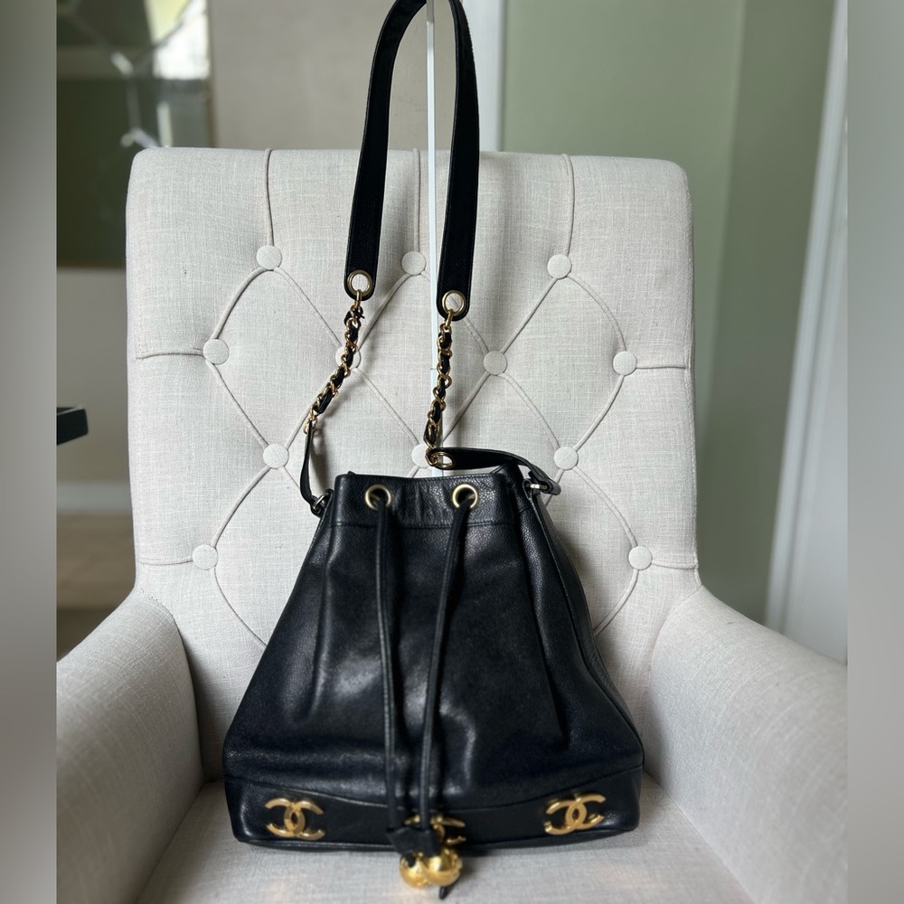Authentic Chanel Triple C Black Leather Bucket Bag